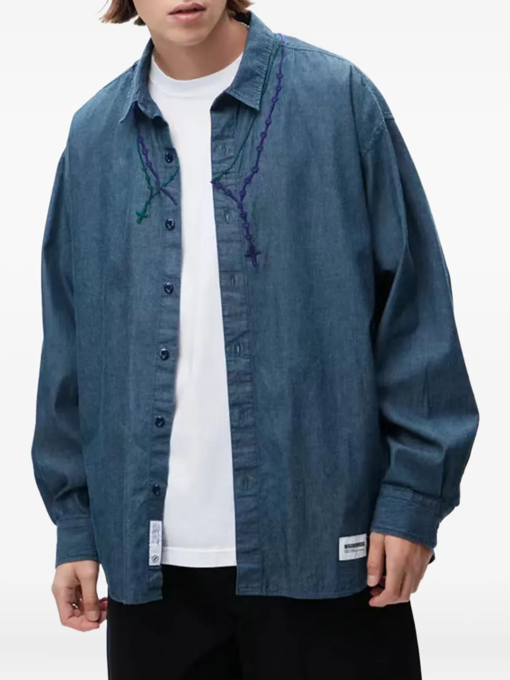 Neighborhood embroidered-rosary cotton shirt - Blauw
