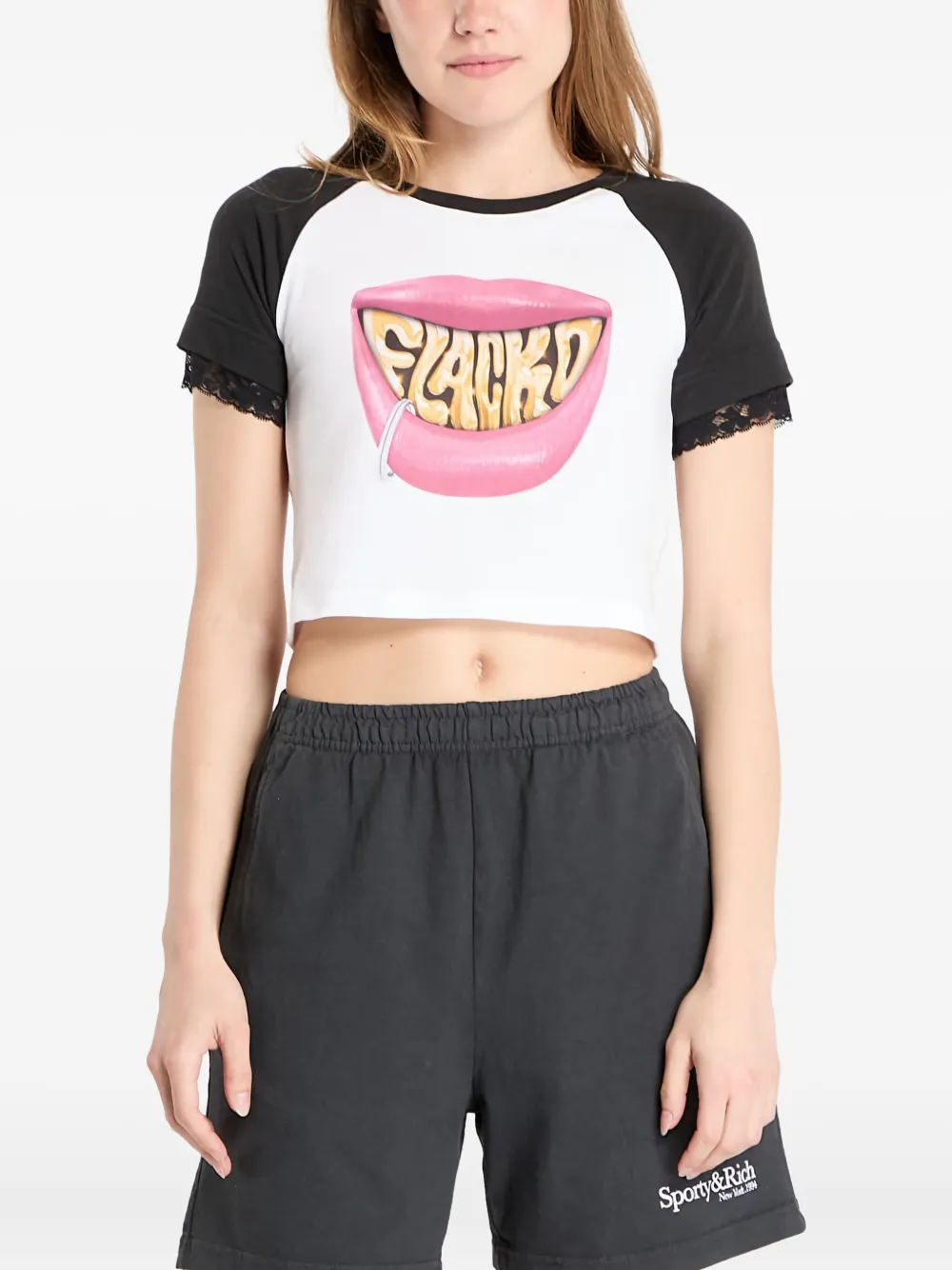 lace-trim graphic-print T-shirt