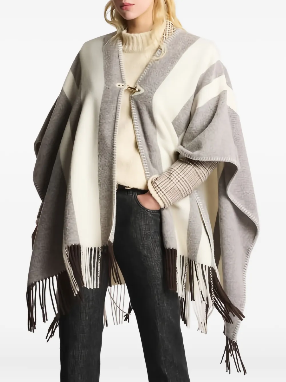 Fay Striped-fringe Poncho In Gray