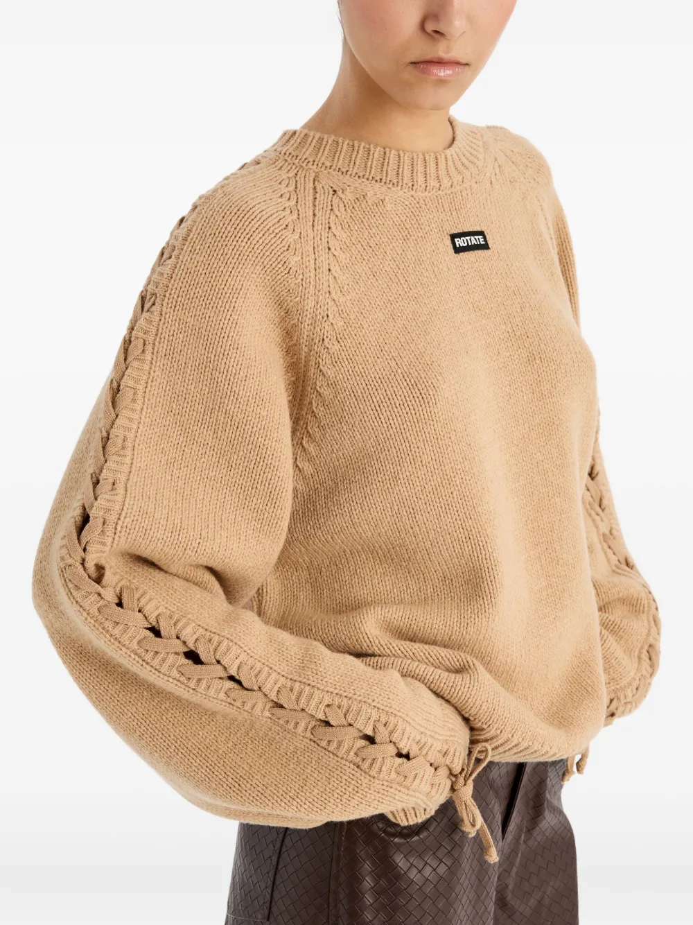 Rotate Birger Christensen Round Neck Knit Sweater With Tonal Lace-up Detail In Brown