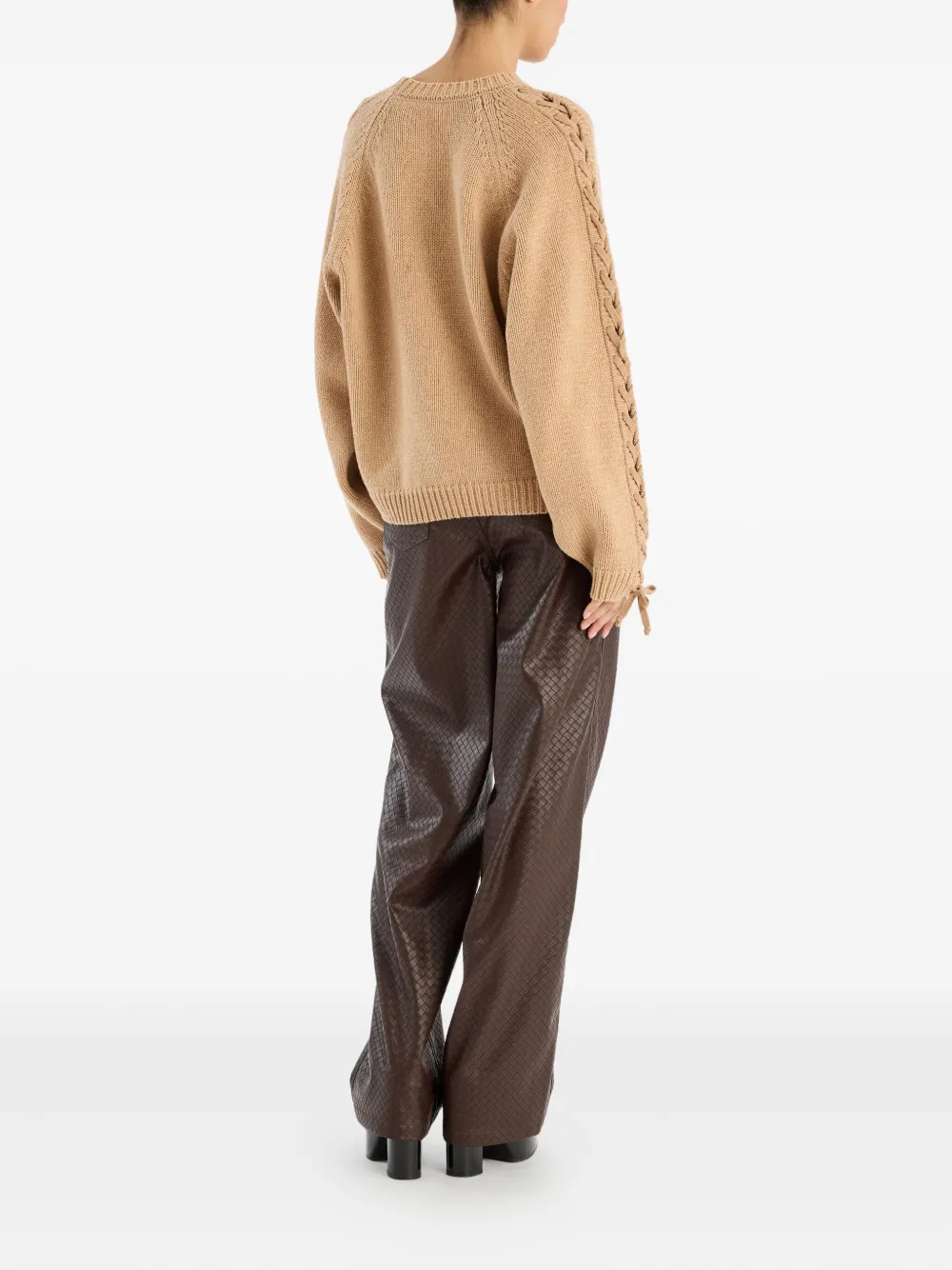 Rotate Birger Christensen Round Neck Knit Sweater With Tonal Lace-up Detail In Brown