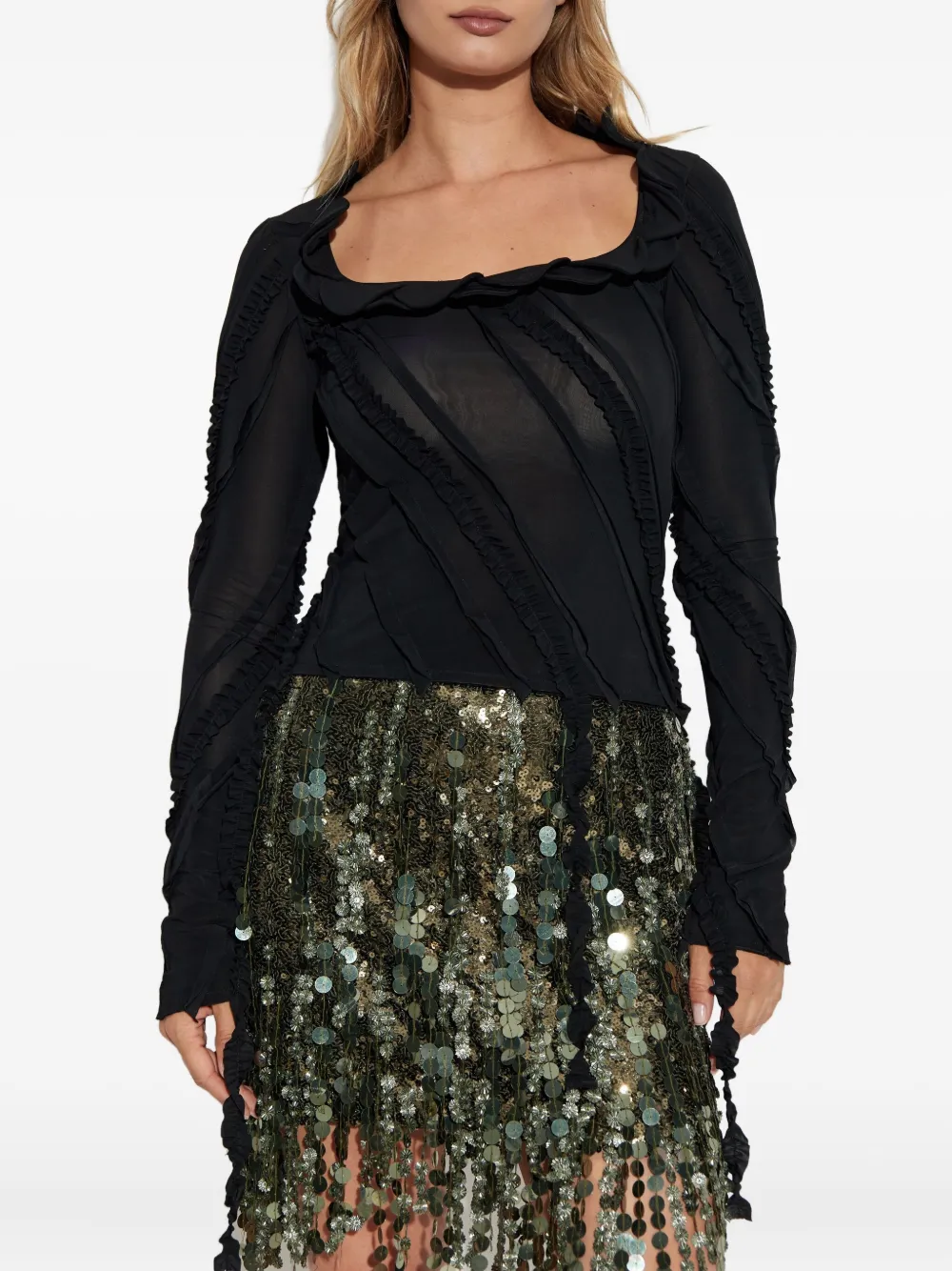 Blumarine ruffled-detail long-sleeve top Zwart