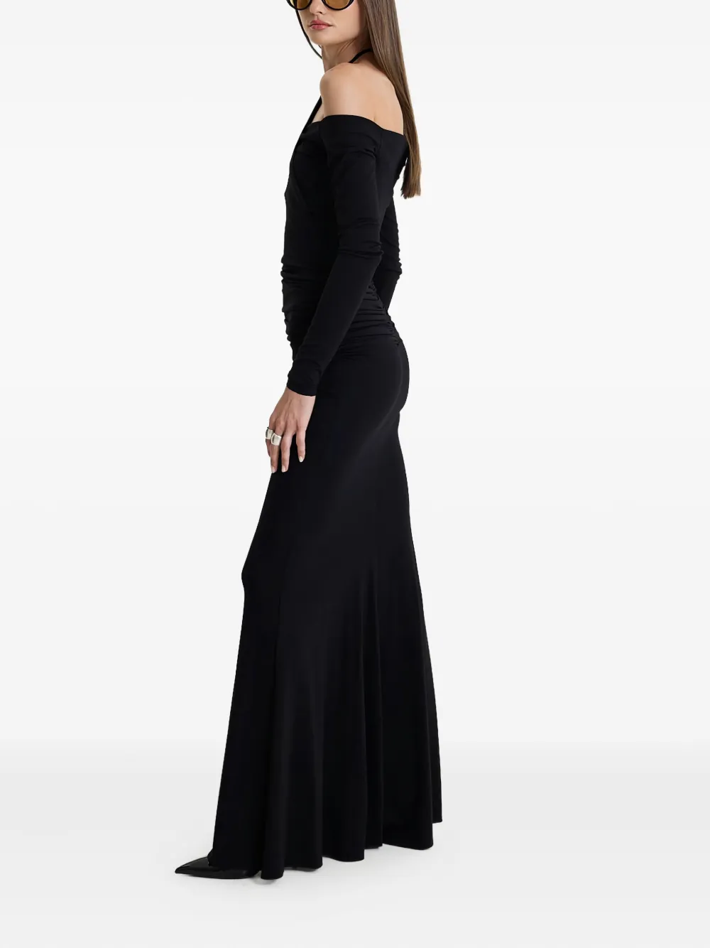 MOOS STUDIO Shadow Spiral off-shoulder maxi-jurk met fishtail Zwart