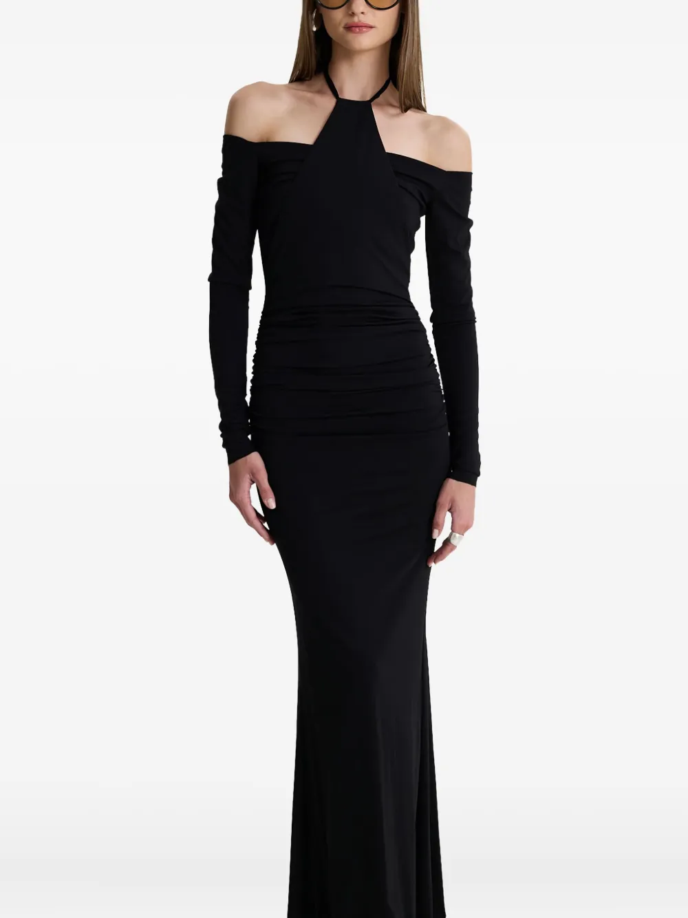 MOOS STUDIO Shadow Spiral off-shoulder maxi-jurk met fishtail Zwart