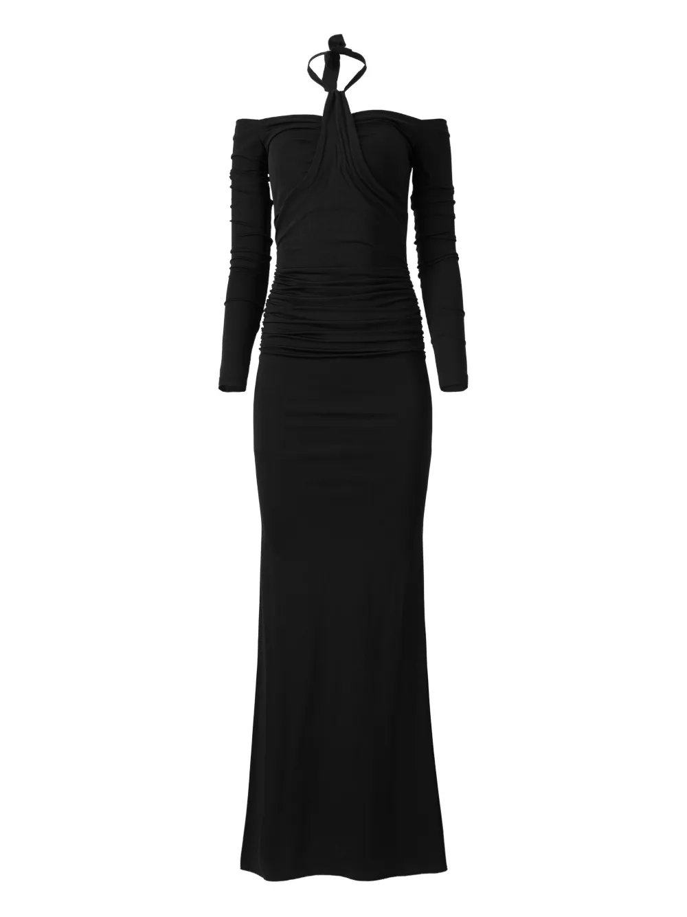 MOOS STUDIO Shadow Spiral off-shoulder fishtail maxi dress | Black | Image 1