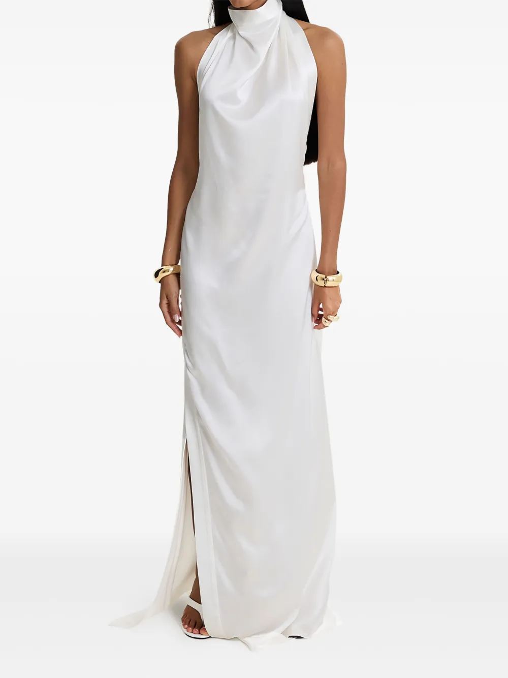 Moos Studio Milkglass High-neck Side-slit Maxi Dress In White