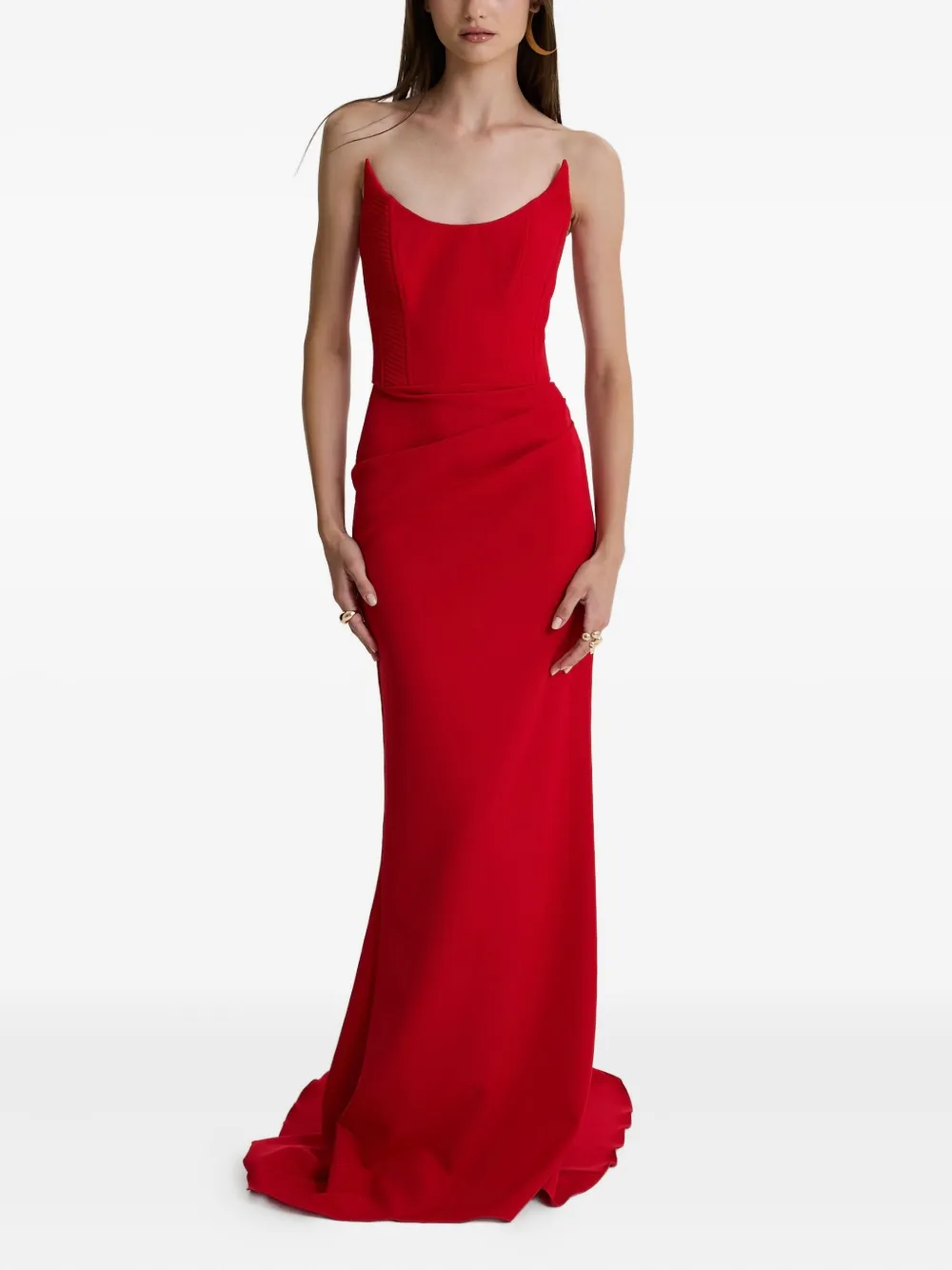 MOOS STUDIO Red Silence corset-bodice fishtail maxi dress - Rood