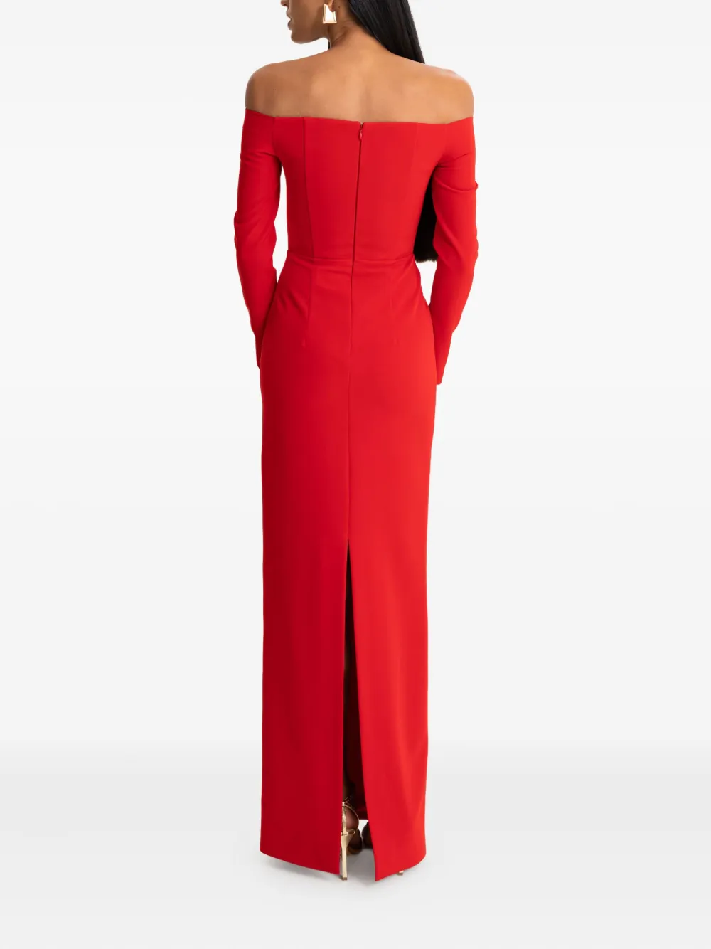 MOOS STUDIO Red Salvage off-shoulder maxi-jurk met lange mouwen Rood