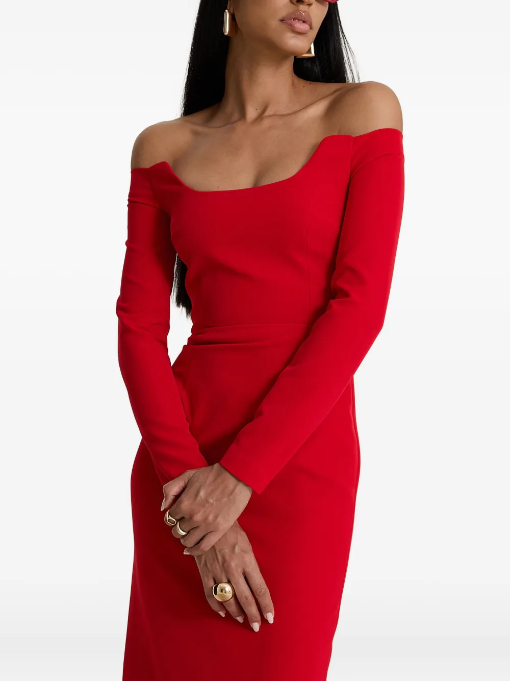 MOOS STUDIO Red Salvage off-shoulder maxi-jurk met lange mouwen Rood