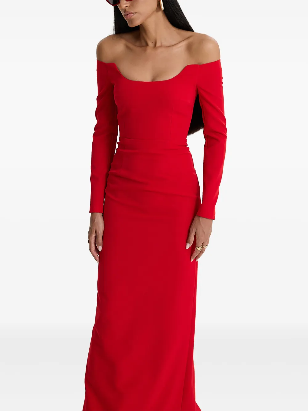 MOOS STUDIO Red Salvage off-shoulder maxi-jurk met lange mouwen Rood