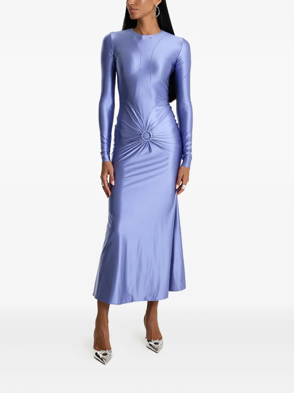 MOOS STUDIO Electric Bloom midi-jurk met gedraaide voorkant en lange mouwen Paars