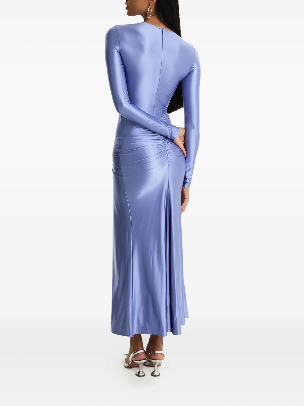 MOOS STUDIO Electric Bloom midi-jurk met gedraaide voorkant en lange mouwen Paars