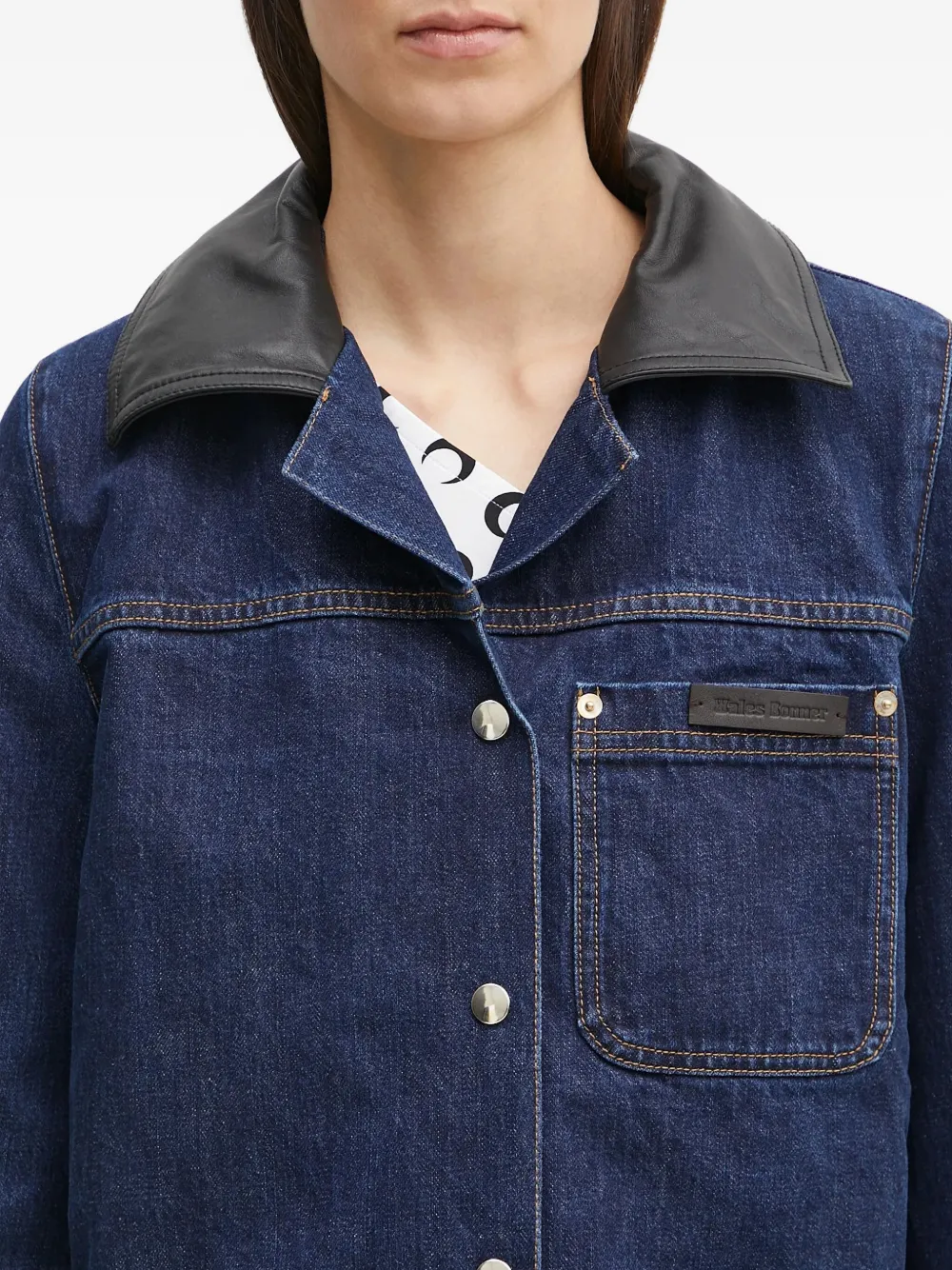 Wales Bonner Denim jack met leren kraag Blauw
