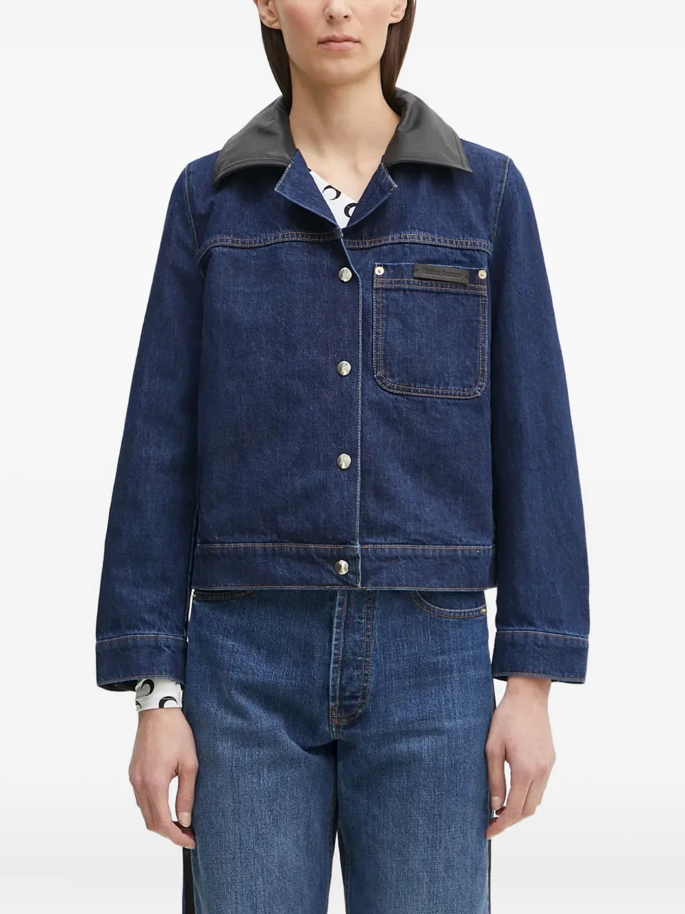 Wales Bonner Denim jack met leren kraag Blauw
