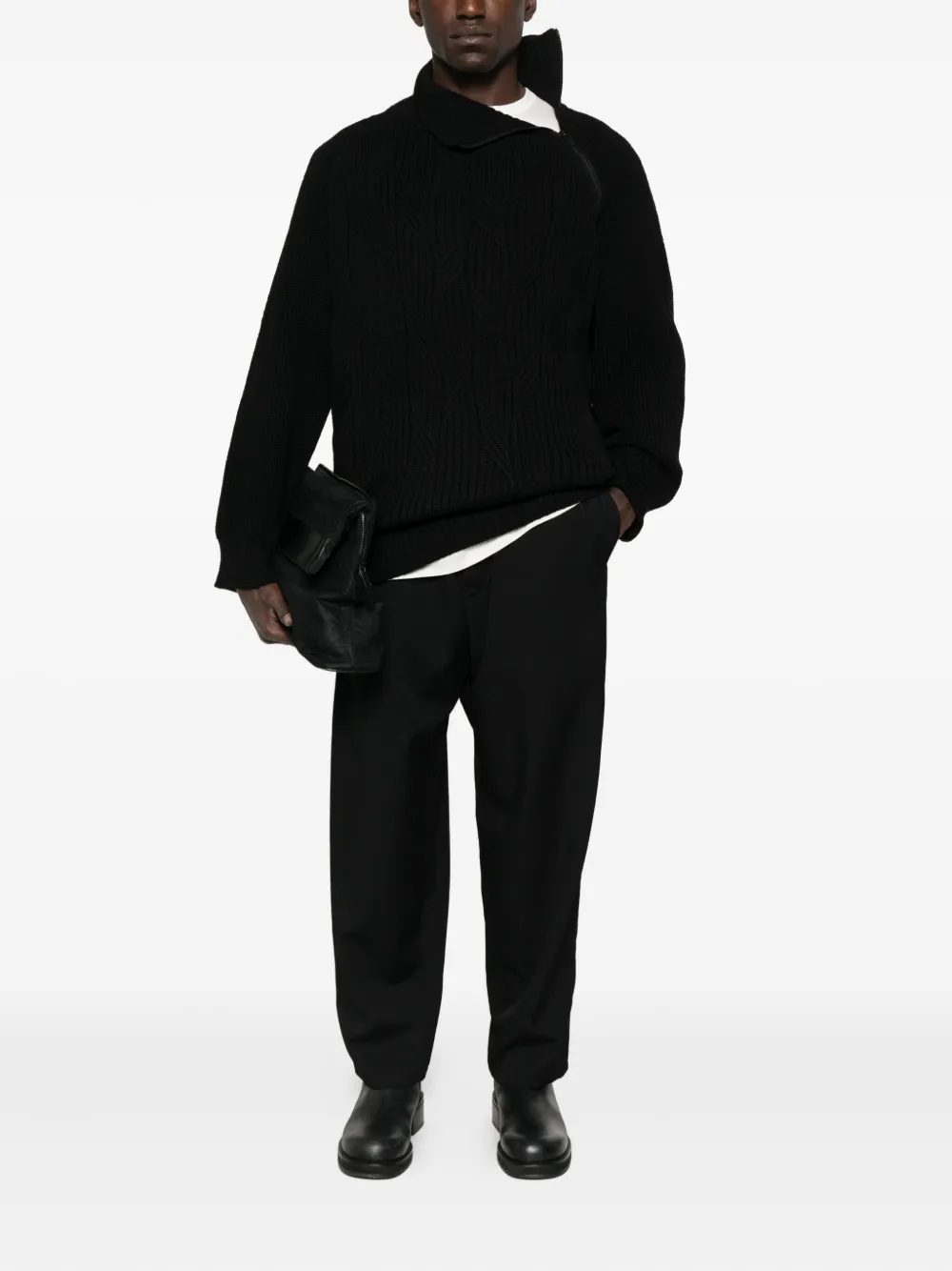 Yohji Yamamoto Kabelgebreide trui met hoge hals - Zwart