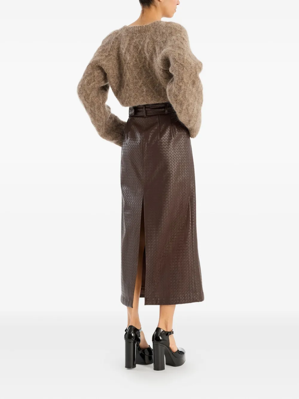 Rotate Birger Christensen Anatta Belted Woven Midi Skirt In Brown