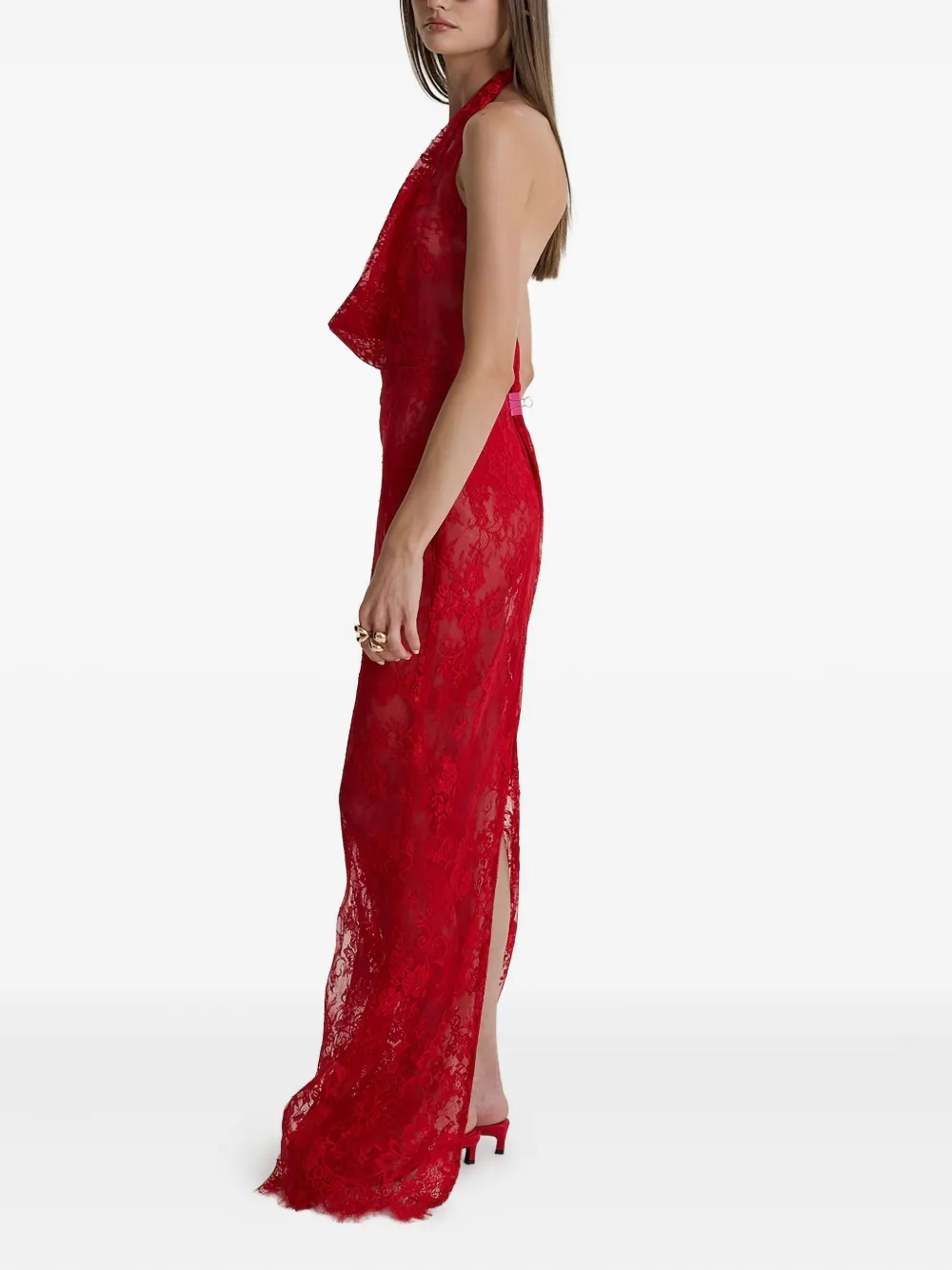 MOOS STUDIO Crimson Heat maxi-jurk met halternek en kant Rood