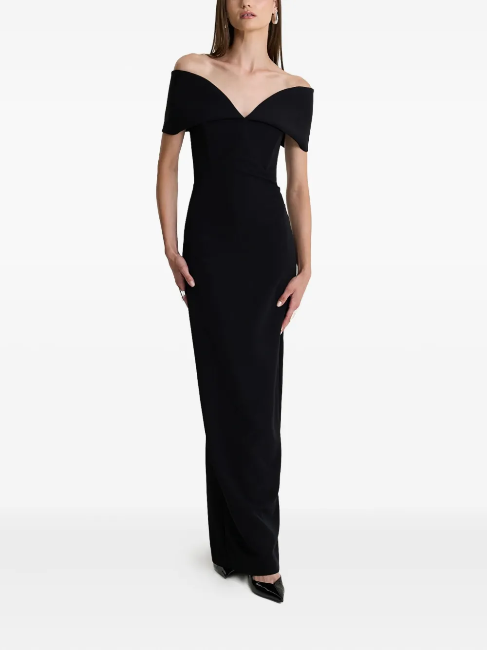 Moos Studio Black Muse Off-shoulder V-neck Maxi Dress In Black