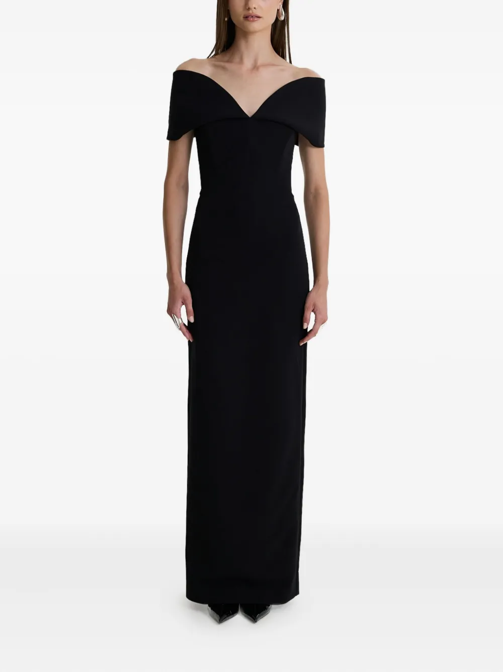 MOOS STUDIO Black Muse off-shoulder V-neck maxi dress - Zwart