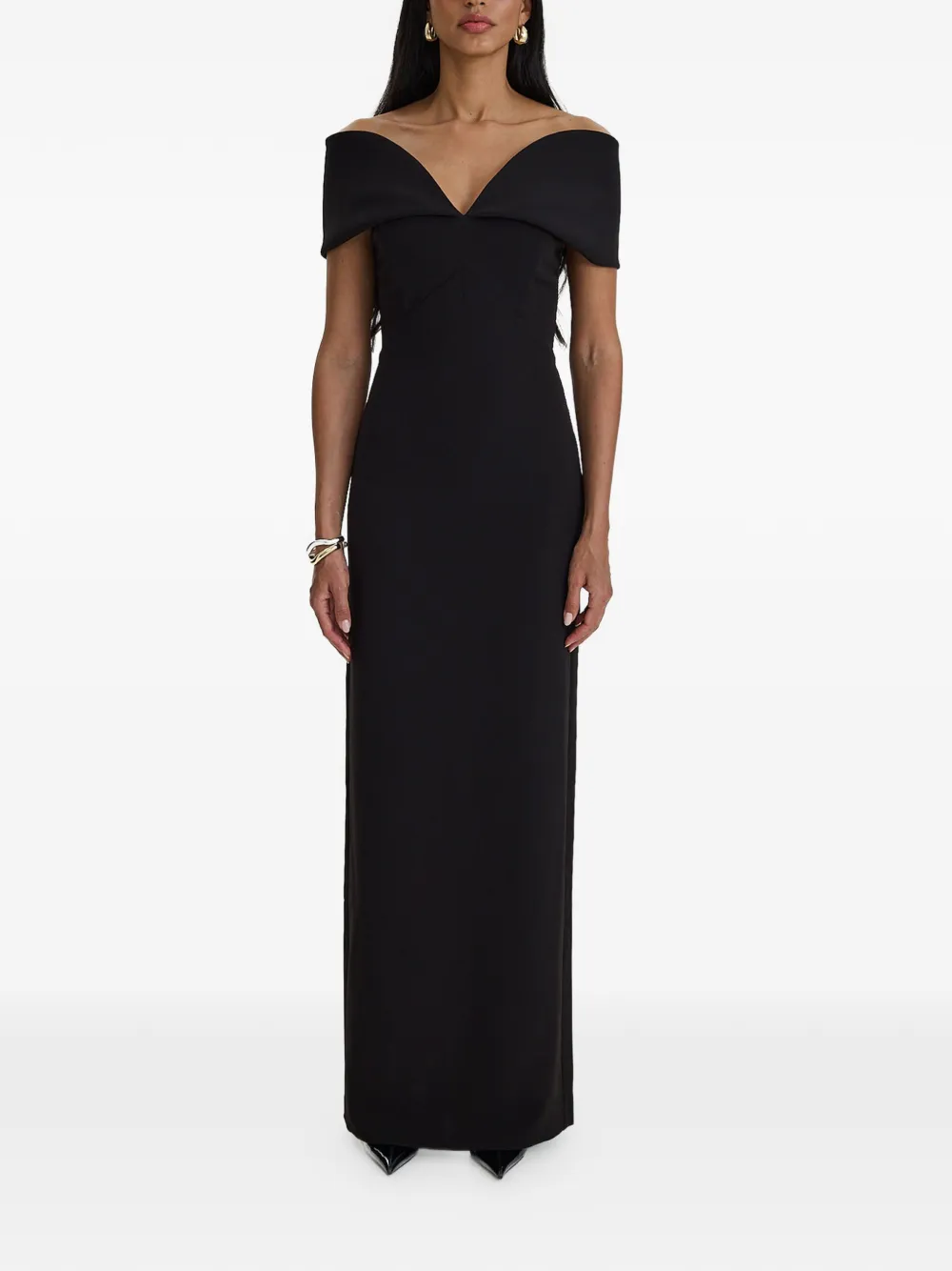 MOOS STUDIO Black Muse off-shoulder maxi-jurk met V-hals Zwart