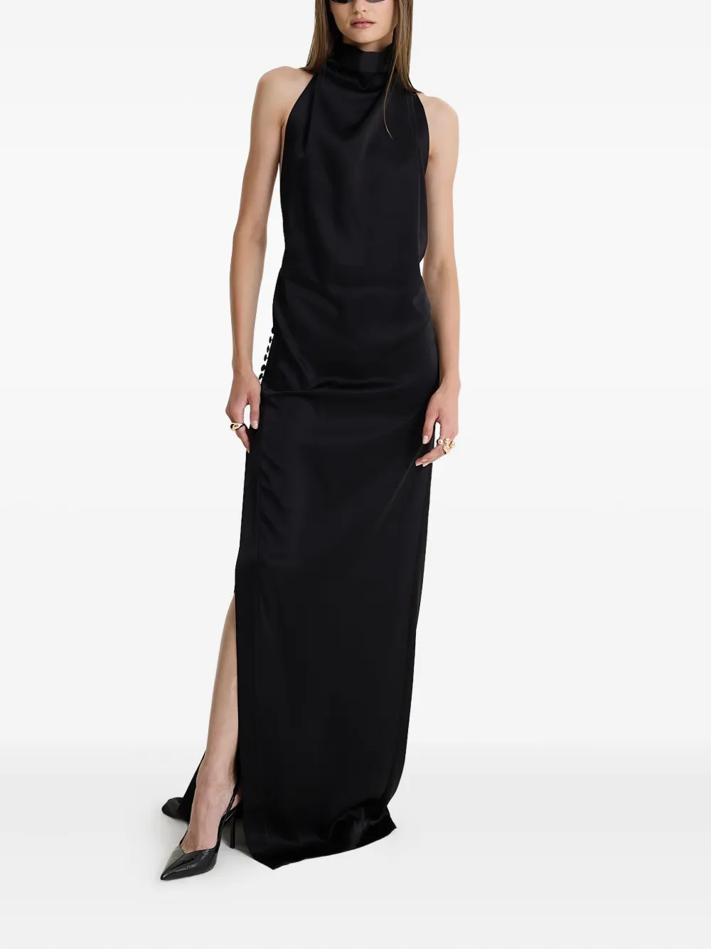 MOOS STUDIO Black Allure maxi-jurk met hoge hals en zijsplit Zwart