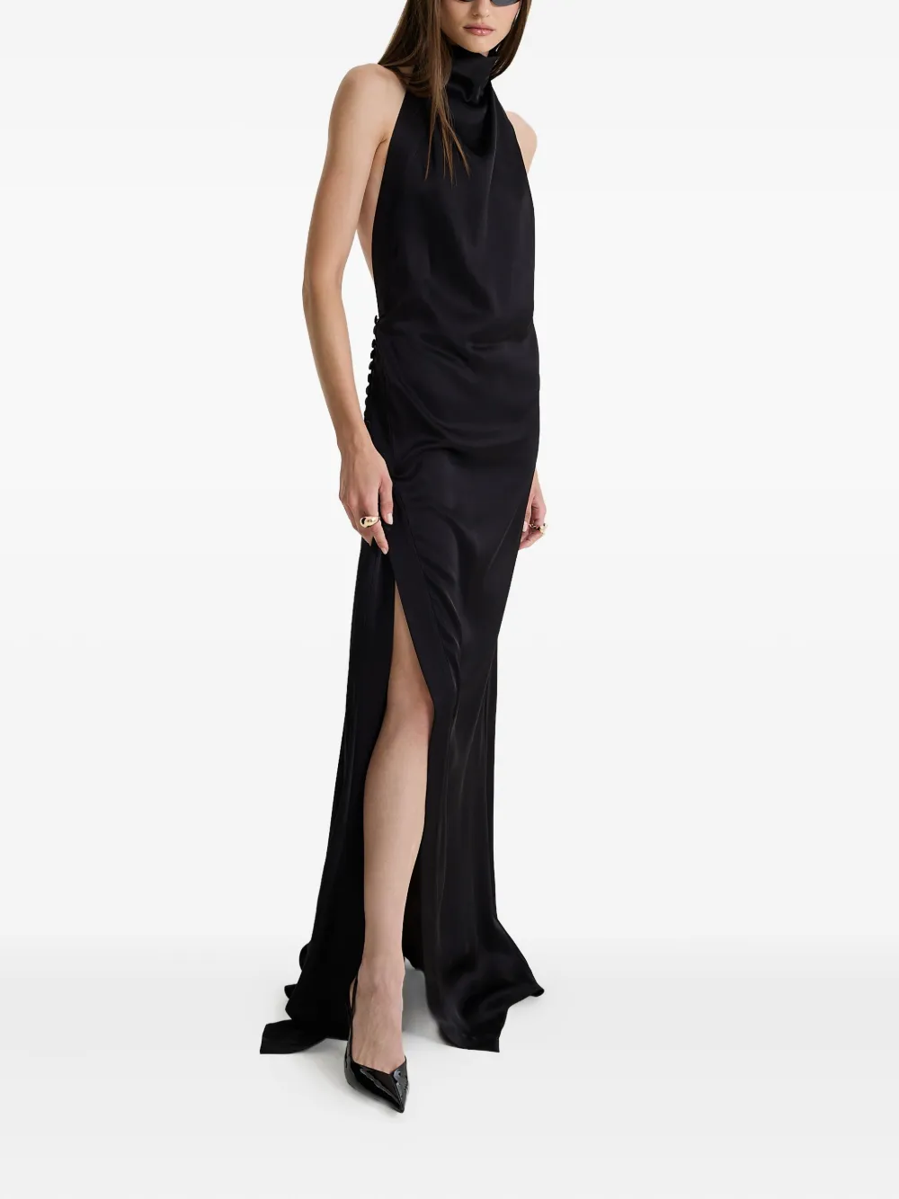 MOOS STUDIO Black Allure high-neck side-slit maxi dress - Zwart