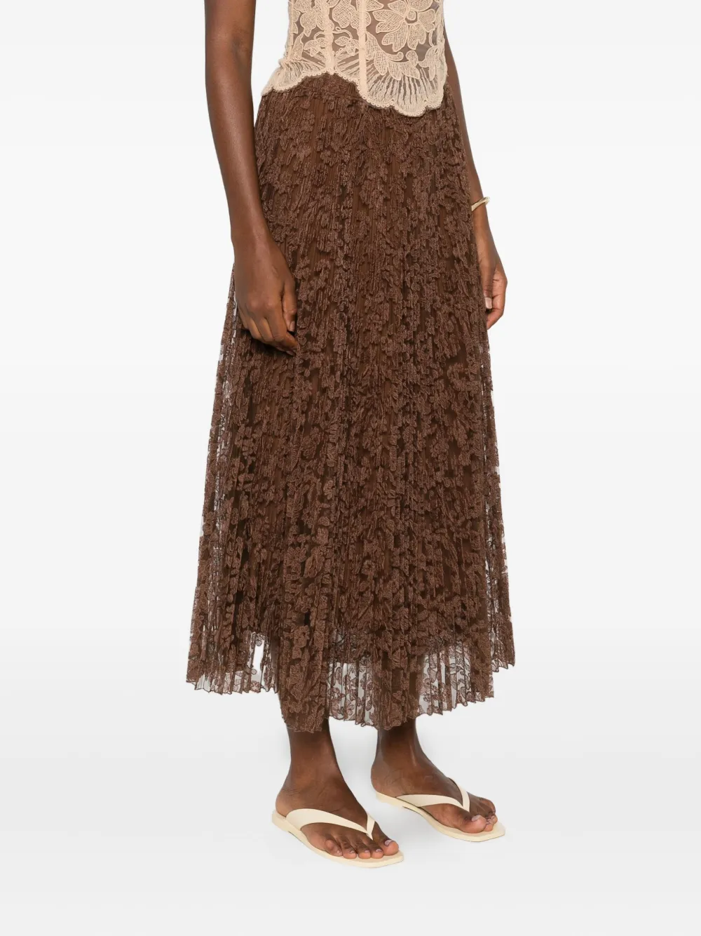 Ermanno Scervino Midi-plooirok met kant Bruin