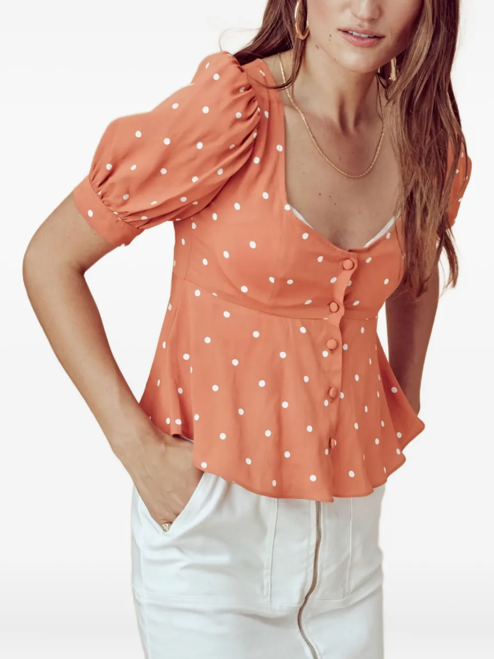 For Love And Lemons polka dot puff-sleeve blouse Oranje