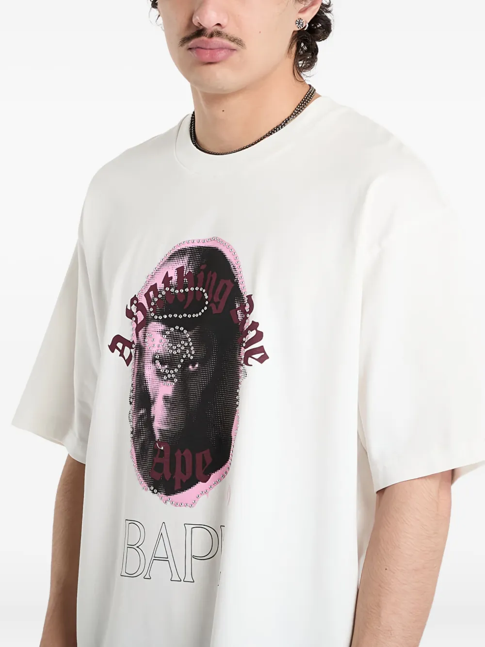 A BATHING APE rhinestone-embellished ape head-print T-shirt Wit