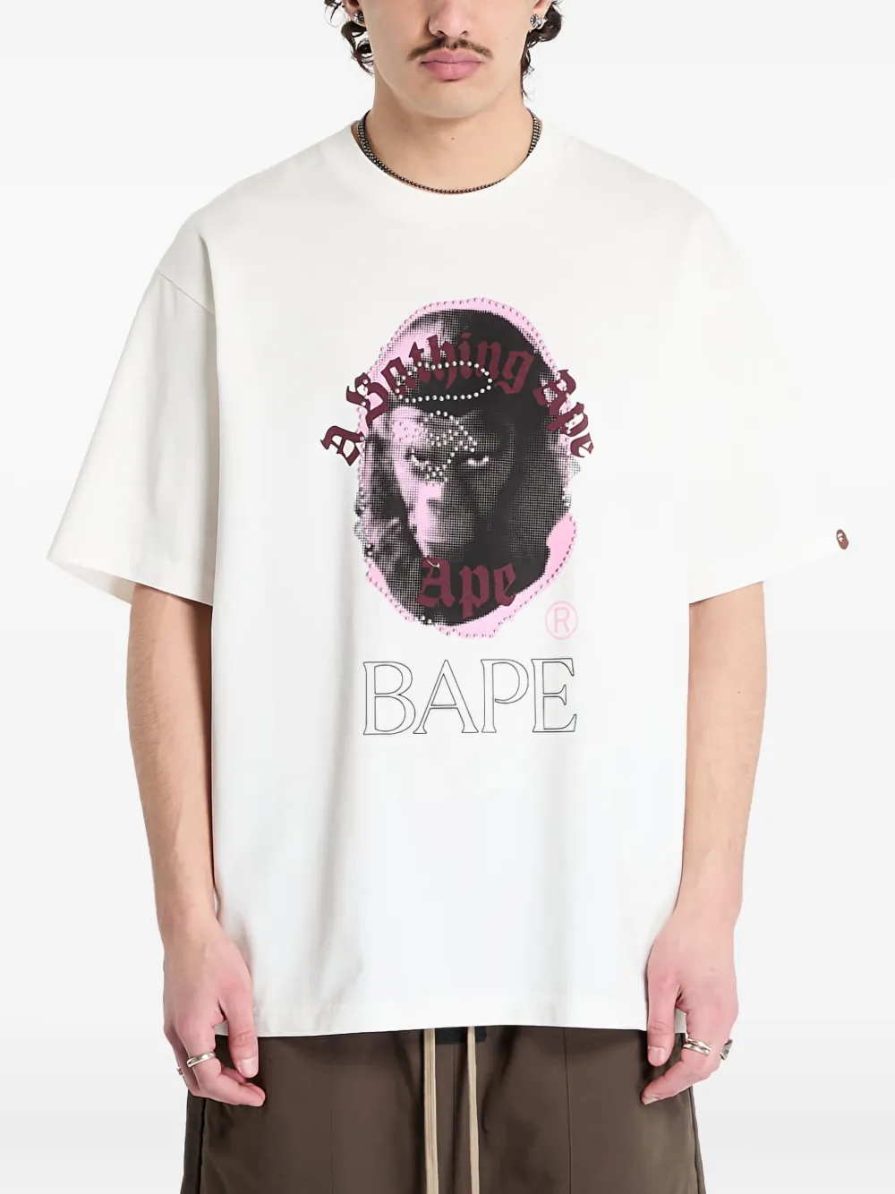 A BATHING APE rhinestone-embellished ape head-print T-shirt Wit
