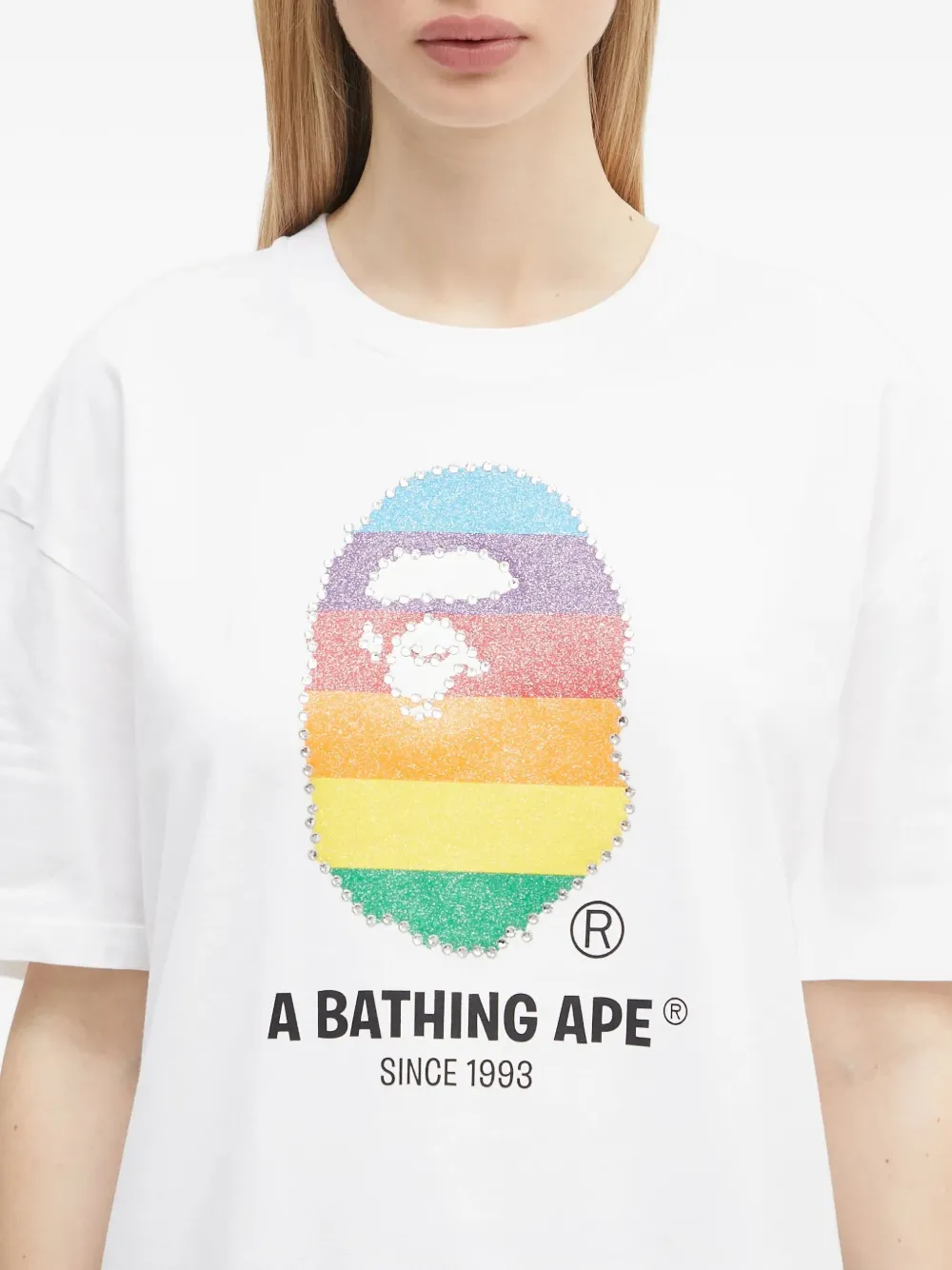 A BATHING APE T-shirt verfraaid met regenboog Wit