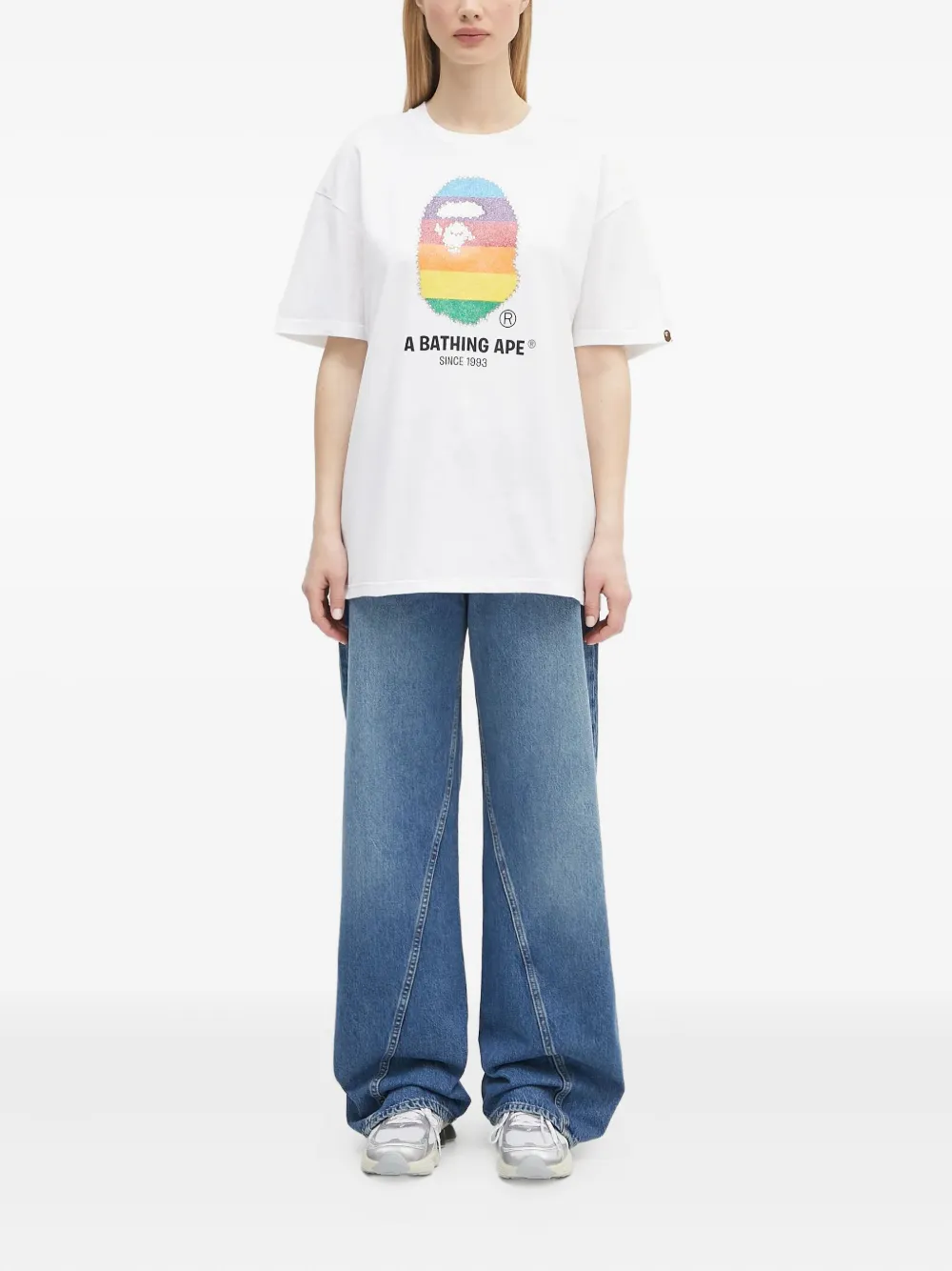 A BATHING APE T-shirt verfraaid met regenboog Wit