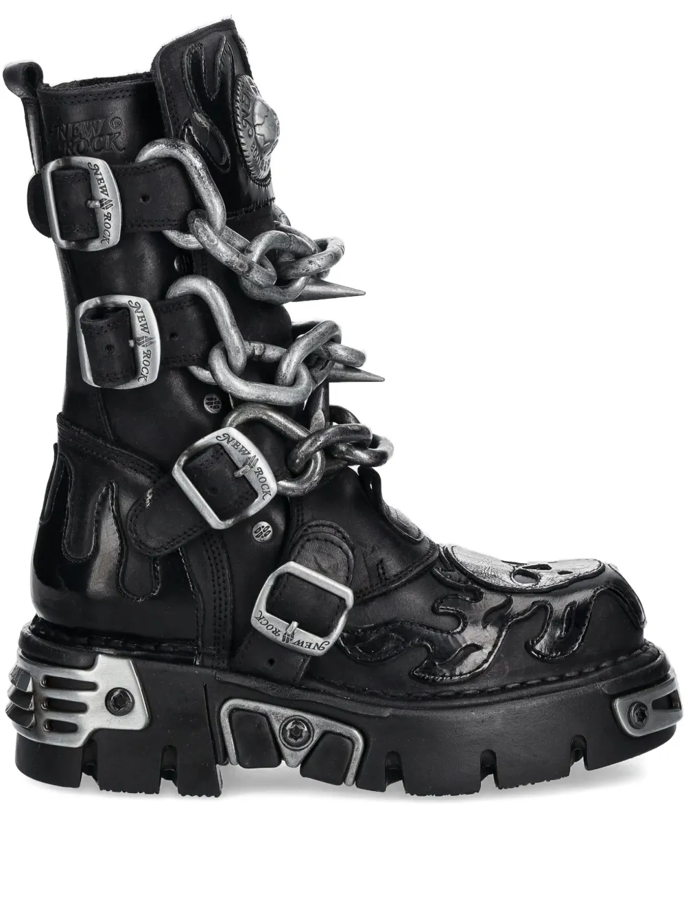 NEW ROCK flame-skull chain boots Black