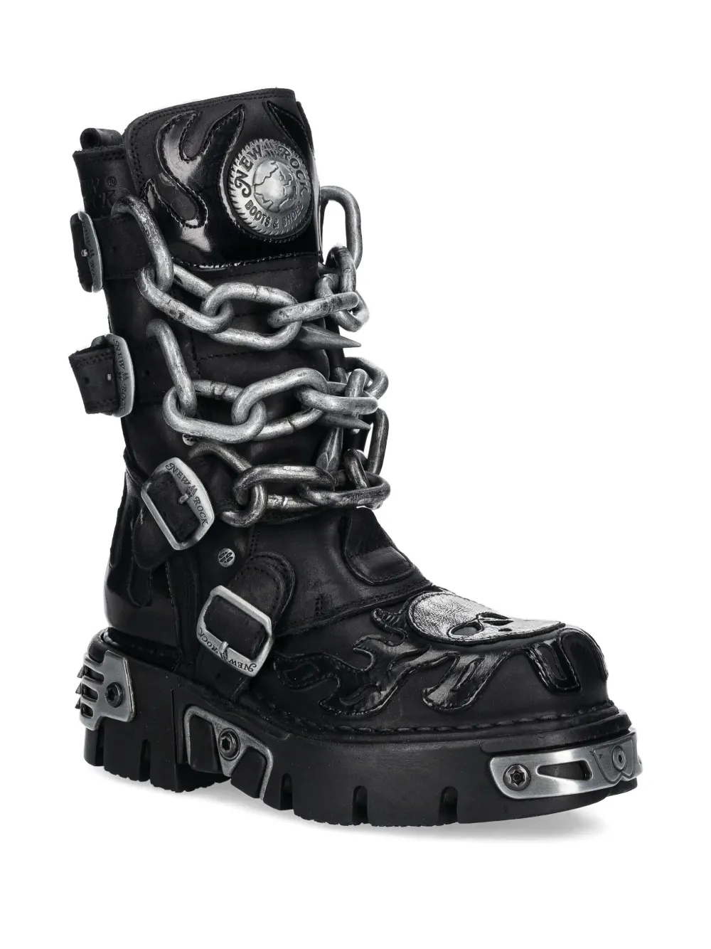 NEW ROCK flame-skull chain boots Black