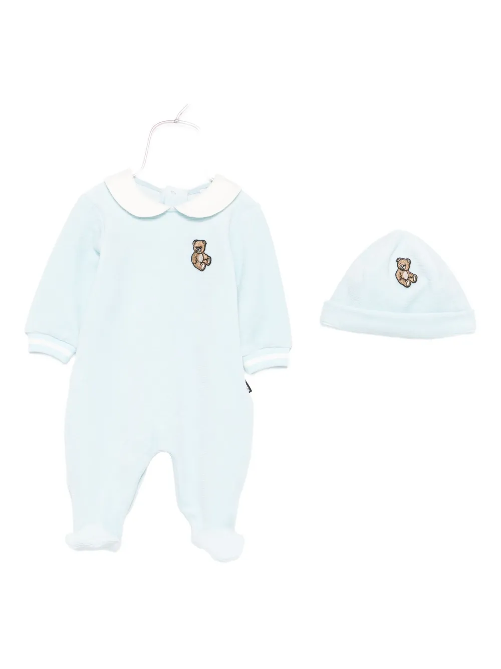 Moschino Teddy-embroidered Peter Pan Collar Babygrow In Blue