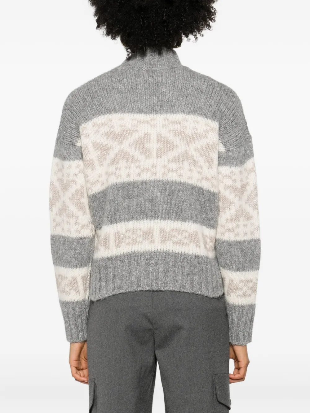Peserico High-neck Geometric Knit Jumper With Dropped Shoulders In Gray