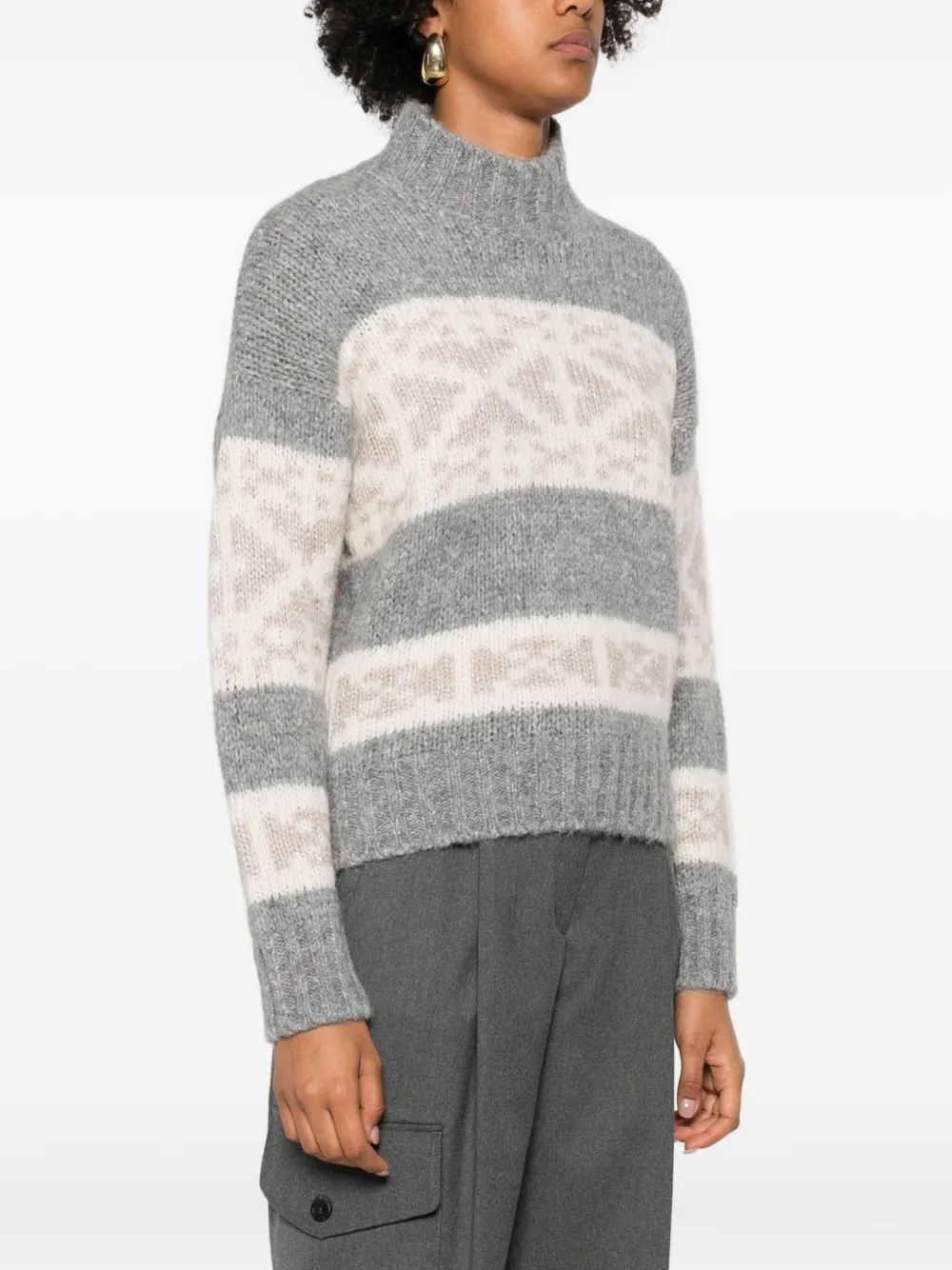 Peserico High-neck Geometric Knit Jumper With Dropped Shoulders In Gray