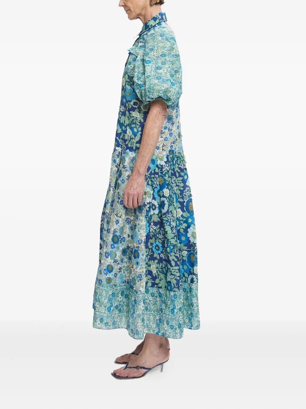 ALEMAIS Maxi-jurk met pofmouwen en bloemen Blauw