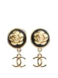 CHANEL Pre-Owned 2022 Gold Plated and Lambskin Camellia CC Drop Earrings costume earrings - Black