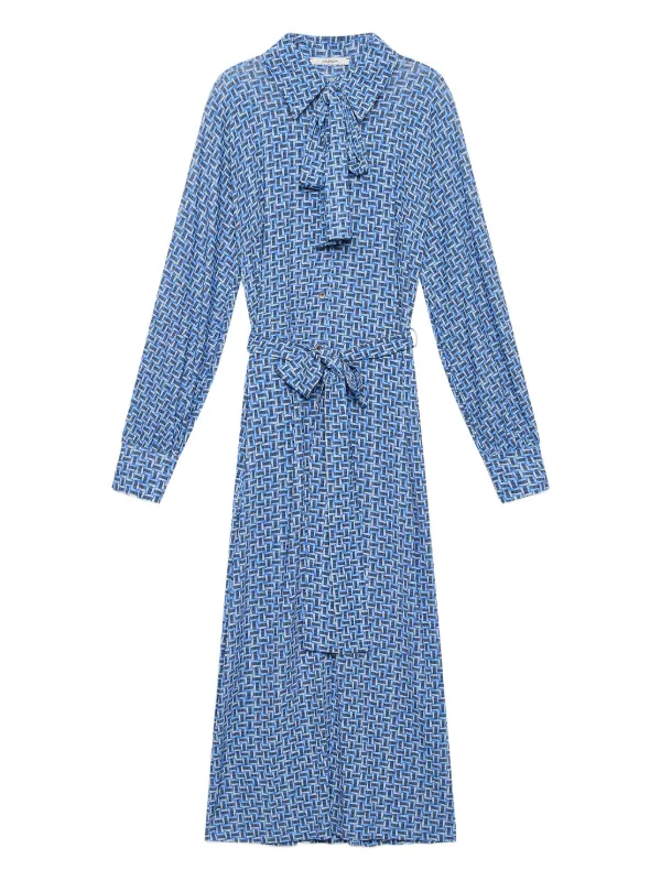 MALIPARMI geometric-print Belted Midi Dress Blue FARFETCH NZ
