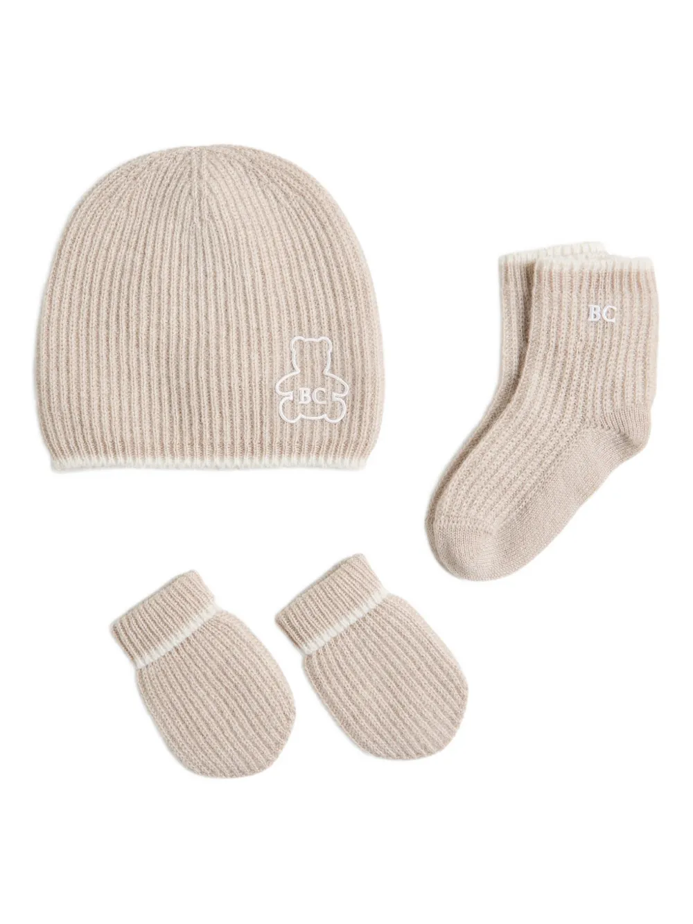 Brunello Cucinelli Kids Geribbelde muts en sokken met teddybeerprint Beige