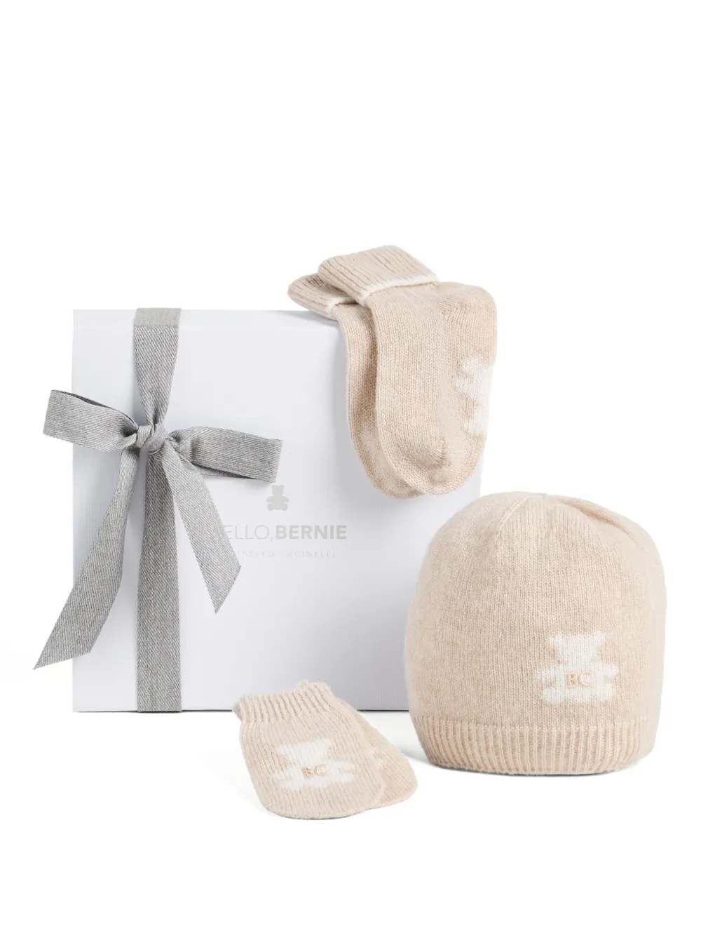 Brunello Cucinelli Kids Kasjmier muts handschoenen en sokken met teddybeerprint Beige