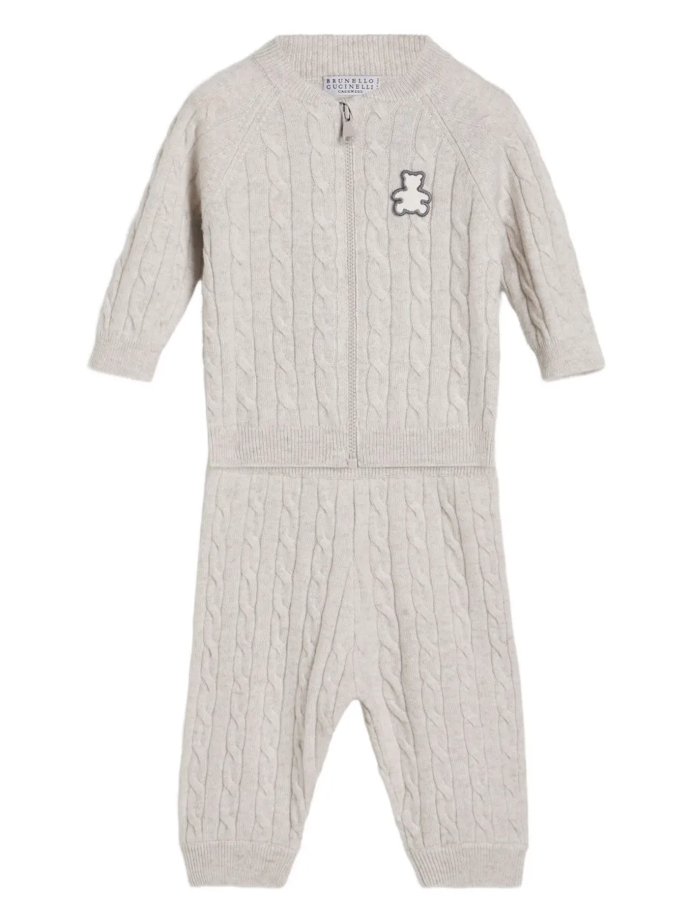 Brunello Cucinelli Kids cable-knit teddy-appliqué babygrow set - Grigio