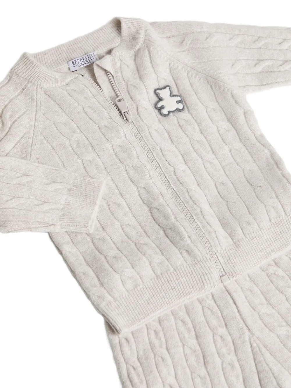 Brunello Cucinelli Kids Kabelgebreid romperset met teddybeerapplicatie Grijs