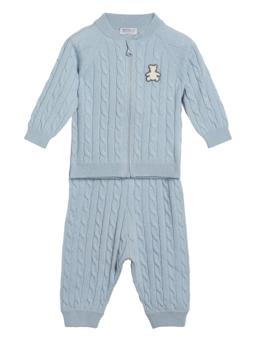 Brunello Cucinelli Kids Kabelgebreid broekset met beerapplicatie Blauw