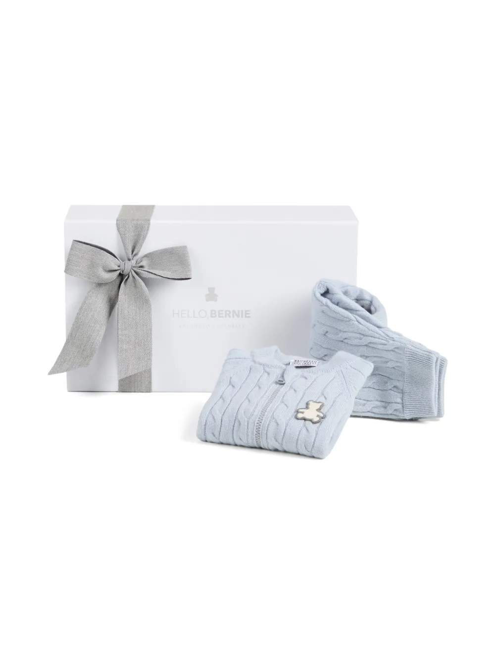Brunello Cucinelli Kids Kabelgebreid broekset met beerapplicatie Blauw