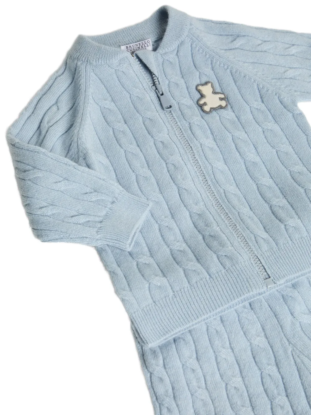 Brunello Cucinelli Kids Kabelgebreid broekset met beerapplicatie Blauw