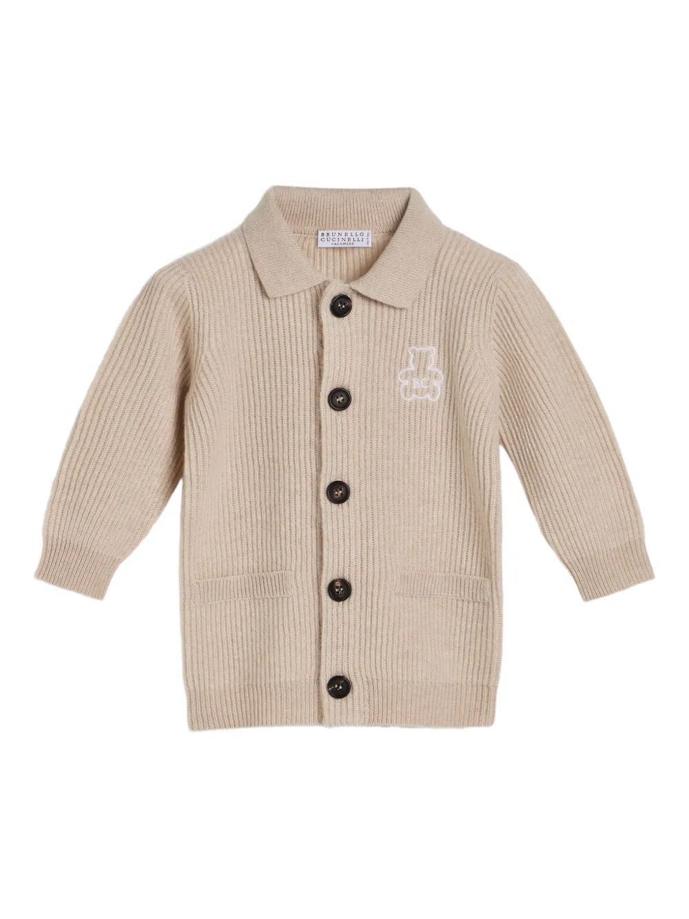 Brunello Cucinelli Kids ribbed-knit teddy-embroidered cardigan | Neutrals | Image 1