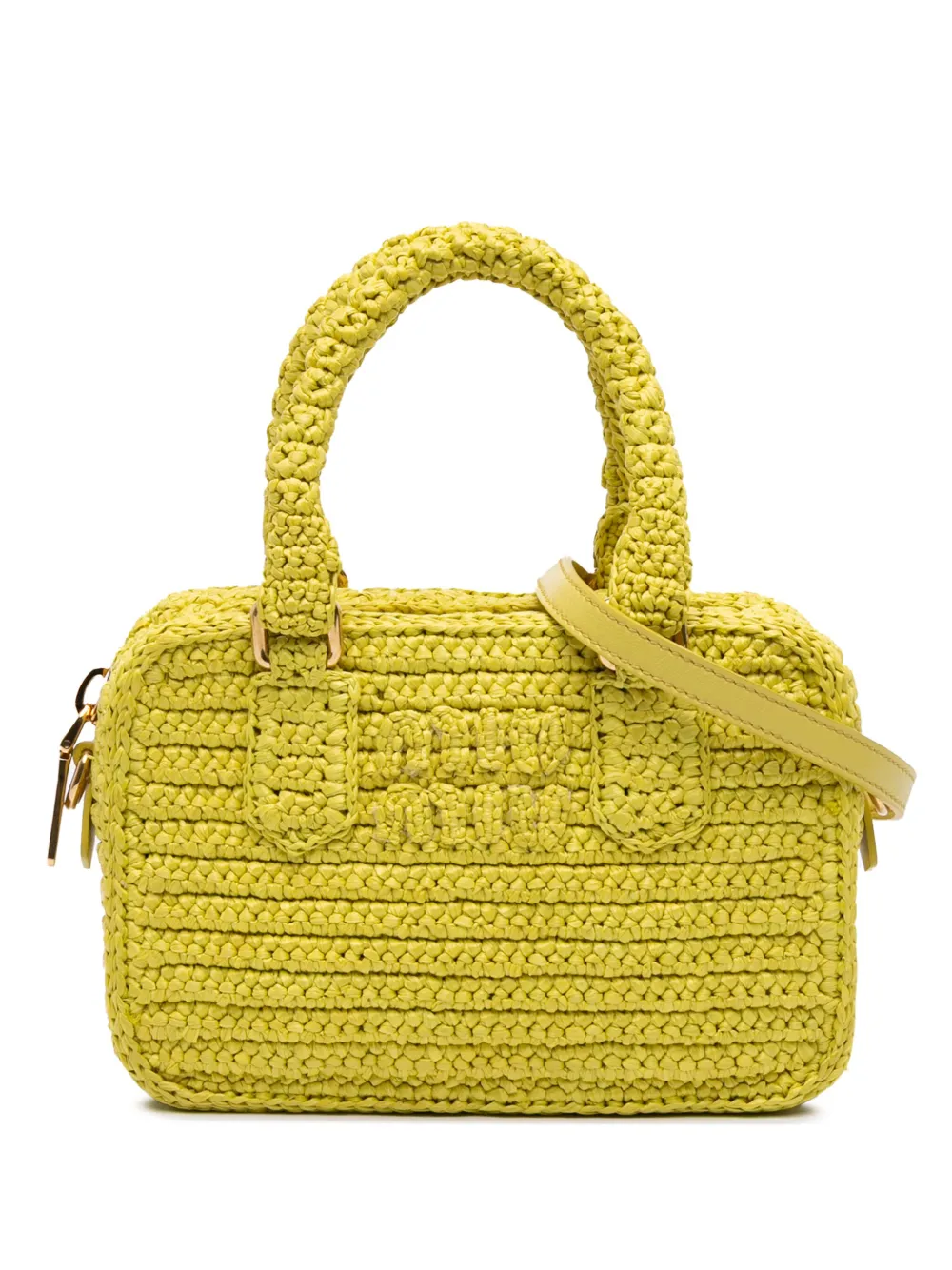Pre-owned Miu Miu 2023-2025 Raffia Crochet Arcadie Top Handle Bag Satchel In Yellow