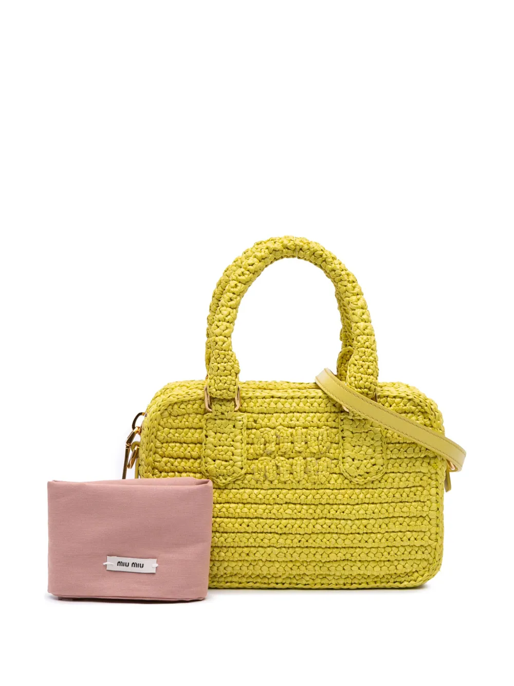 Pre-owned Miu Miu 2023-2025 Raffia Crochet Arcadie Top Handle Bag Satchel In Yellow